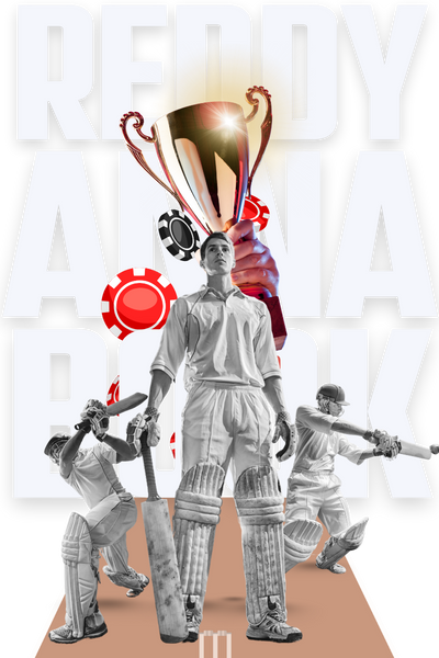 Cricketers celebrating with a trophy in front of the Reddy Anna Book logo