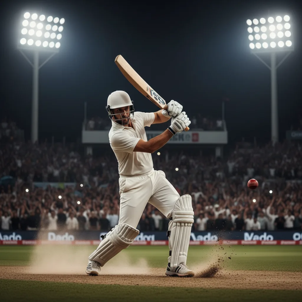 Cricketer batting under floodlights during a night match